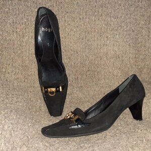 HOGL-Black Suede-Gold Embellishment on Vamp-Gorgeous-Small Heel-Sz 12-Near Mint